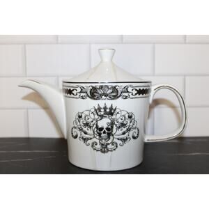 Grace Teaware Skull Teapot Gothic Black White Gold Trim Porcelain